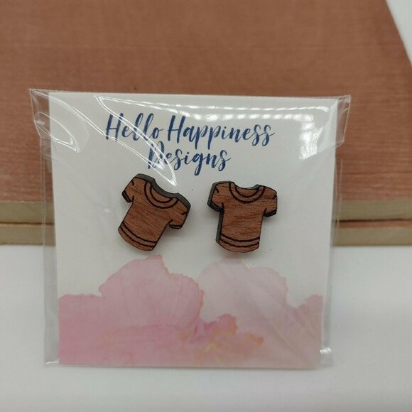 Wooden T-Shirt Stud Earrings By Hello Happiness Designs Hand Drawn Lazer Cut - Picture 1 of 6